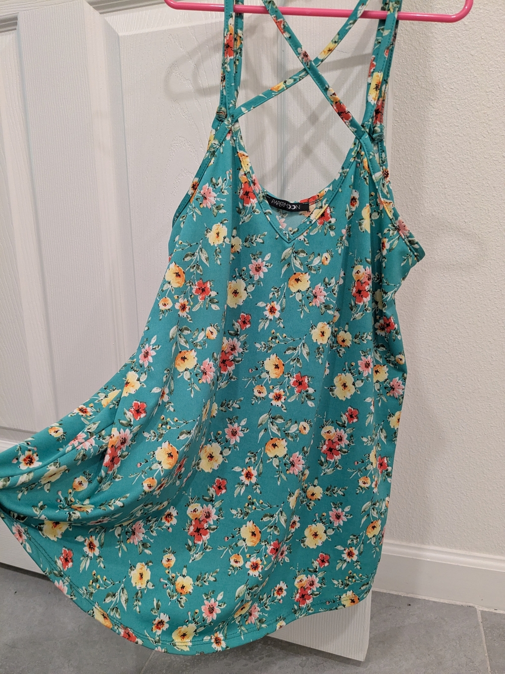 Papermoon Teal Floral V-Neck Strappy Tank Top with Coral and Yellow Blooms